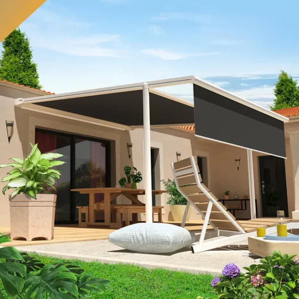 Pérgola Tela PYRITE 4,00x3,00 M Motorizado c/ Socorro e telecomando + Cofre LED + Lambrequim (Branco - Gris Graphite)