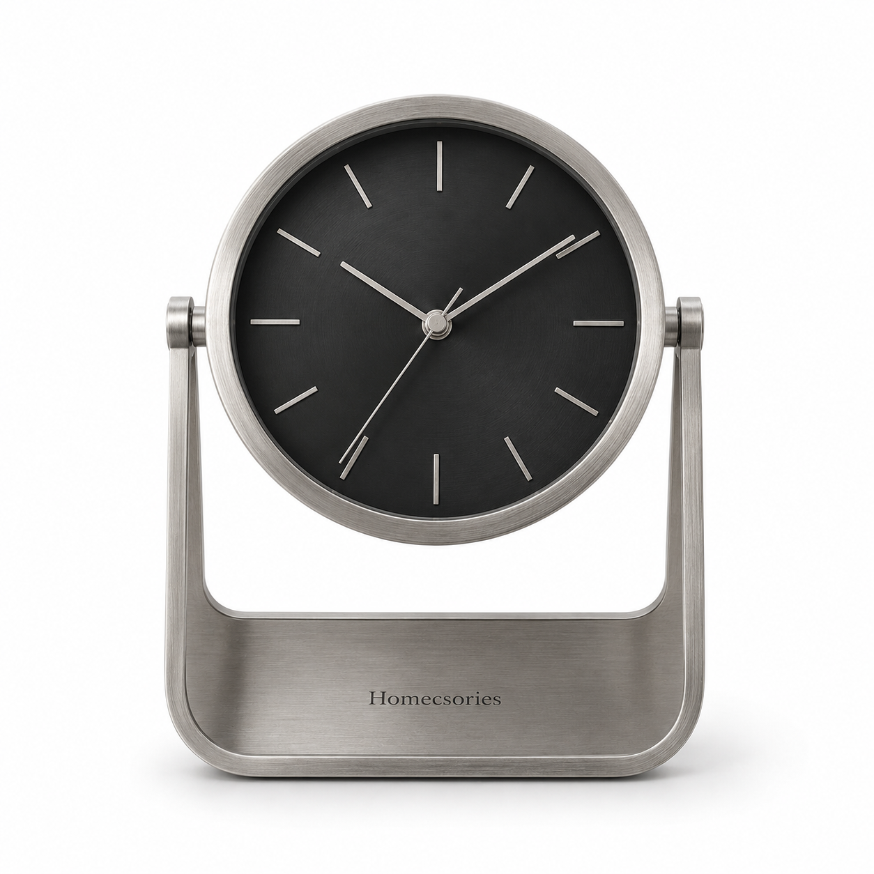 Homecsories Modern Metal Table Clock – Minimalist Silent Quartz Desk Clock with Brushed Steel Finish & Black Dial
