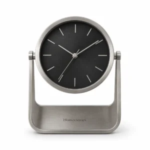 Homecsories Modern Metal Table Clock – Minimalist Silent Quartz Desk Clock with Brushed Steel Finish & Black Dial
