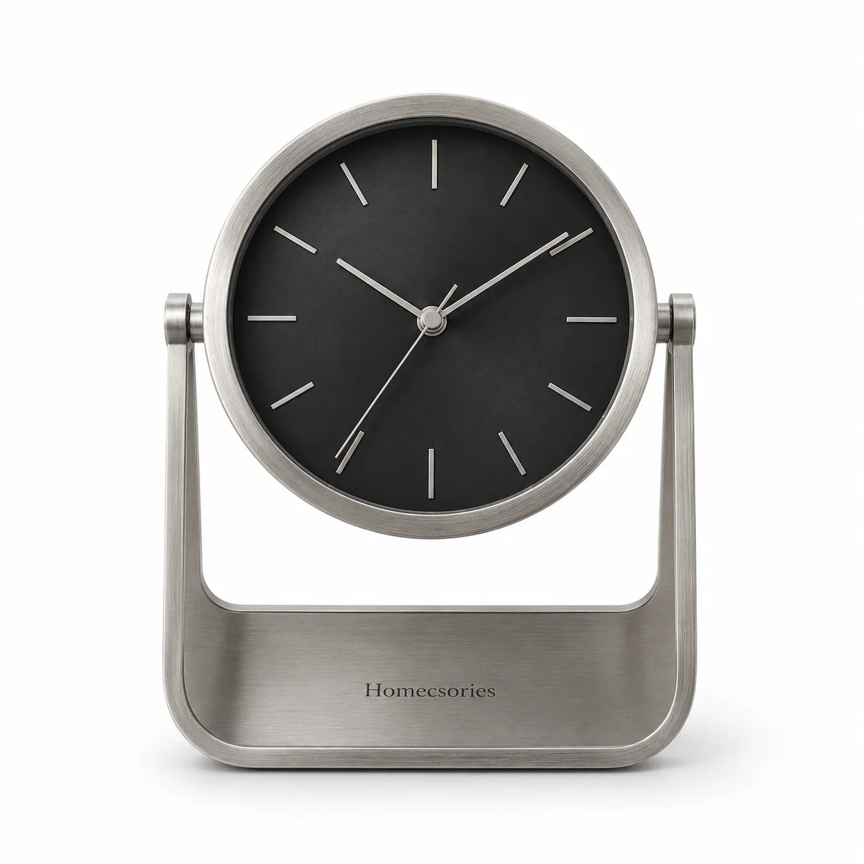 Homecsories Modern Metal Table Clock – Minimalist Silent Quartz Desk Clock with Brushed Steel Finish & Black Dial