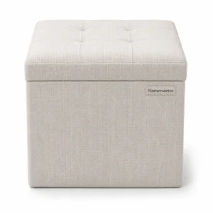 Homecsories Premium Foldable Storage Ottoman Cube – Tufted Linen Seat with Hidden Organizer for Living Room & Bedroom, Beige